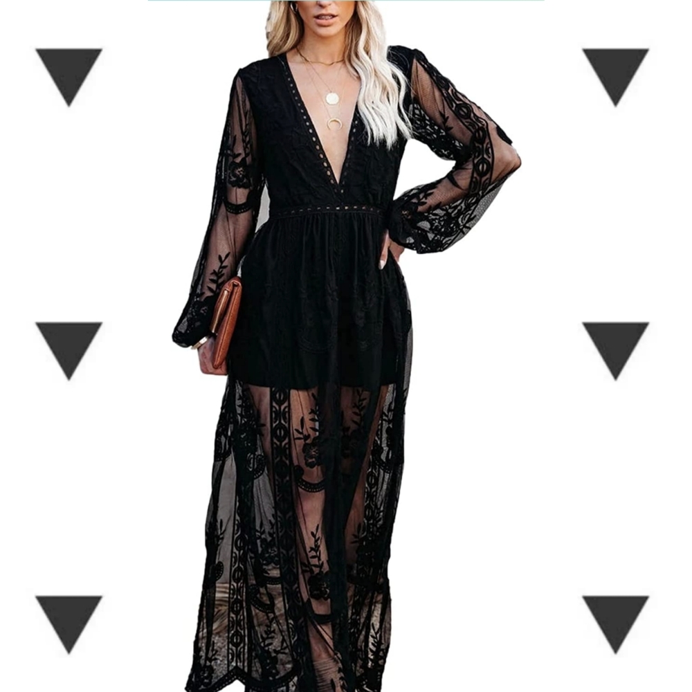 XL Black Long Sleeve Floral Lace Dress V Neck Evening Dress Cocktail Party Maxi